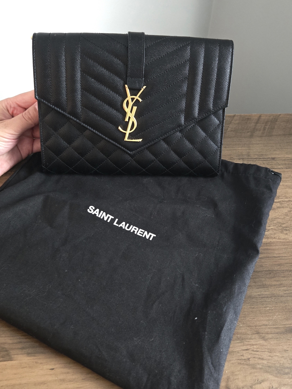 Saint Laurent Black Quilted Leather Wristlet Clutch with Gold YSL Logo - Picture 5 of 5